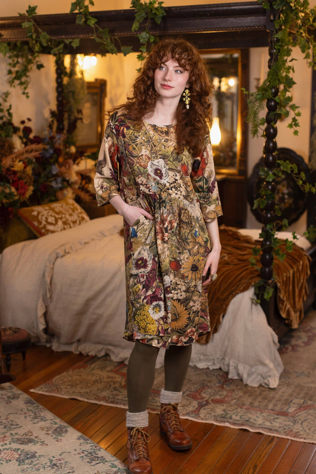 Golden Hour Artist Dress Tunic w/ Pockets & Floral Print: S/M (fits approx. size 6-10)