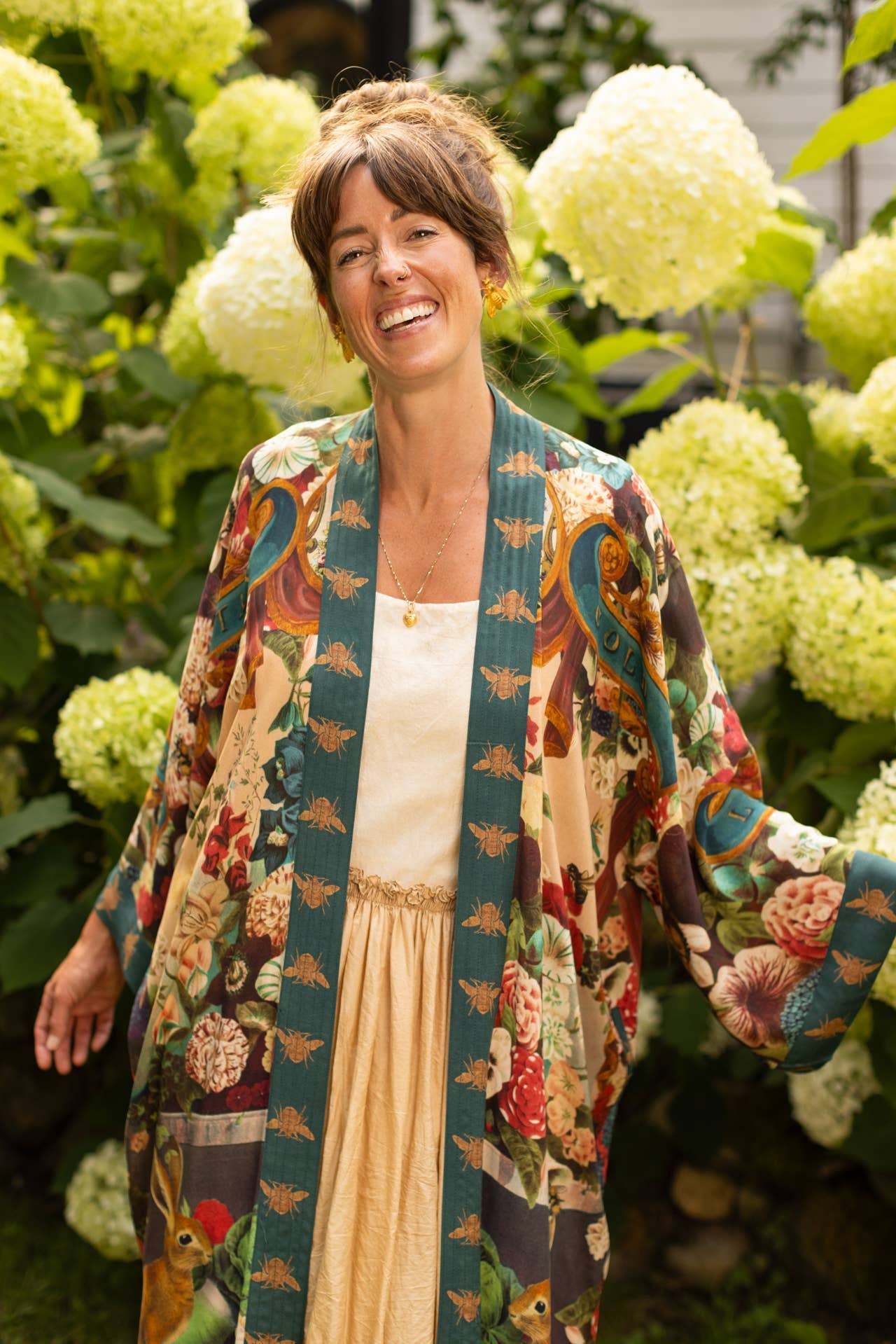 Stay Gold Opera Duster Kimono Robe w/ Rabbit & Bees