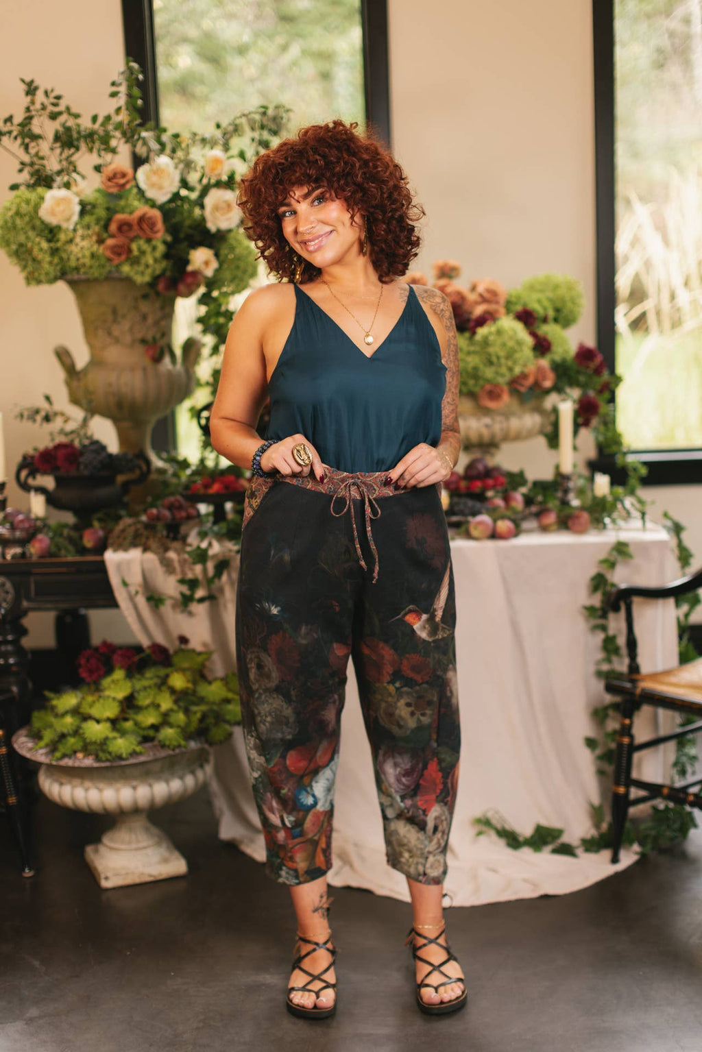 Flight of Fancy Linen Cropped Artist Pants w/ Hummingbird: L/XL