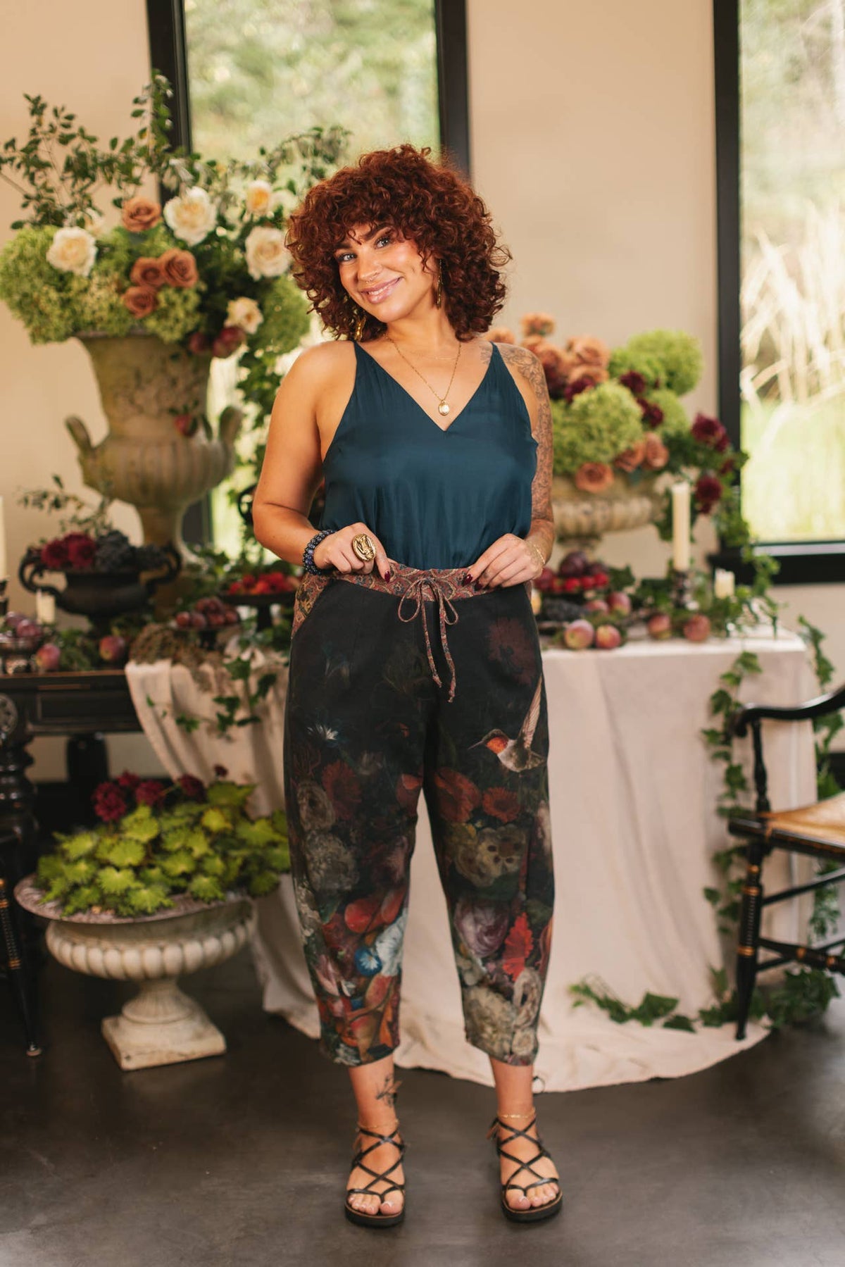 Flight of Fancy Linen Cropped Artist Pants w/ Hummingbird: L/XL