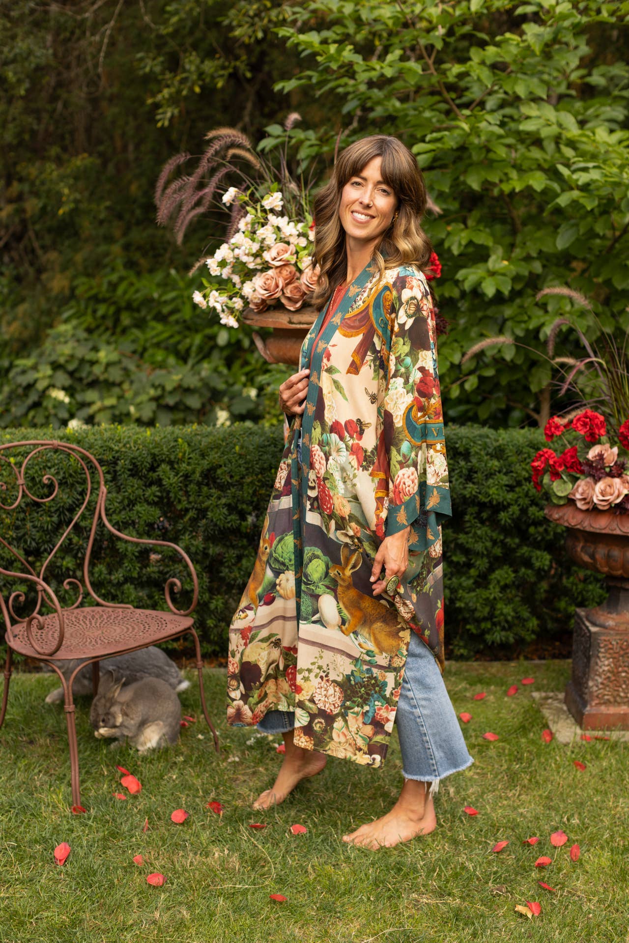 Stay Gold Opera Duster Kimono Robe w/ Rabbit & Bees