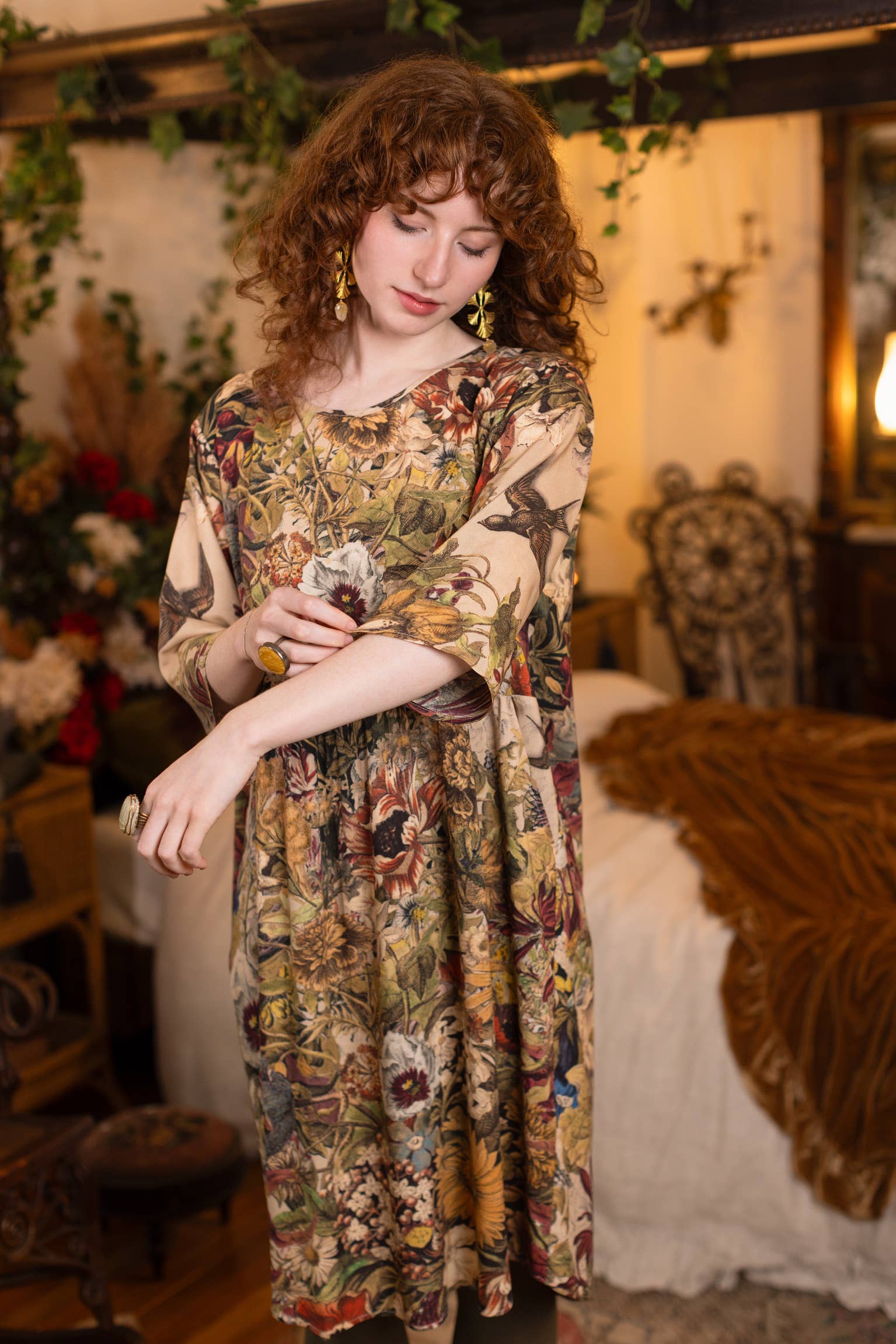Golden Hour Artist Dress Tunic w/ Pockets & Floral Print: S/M (fits approx. size 6-10)