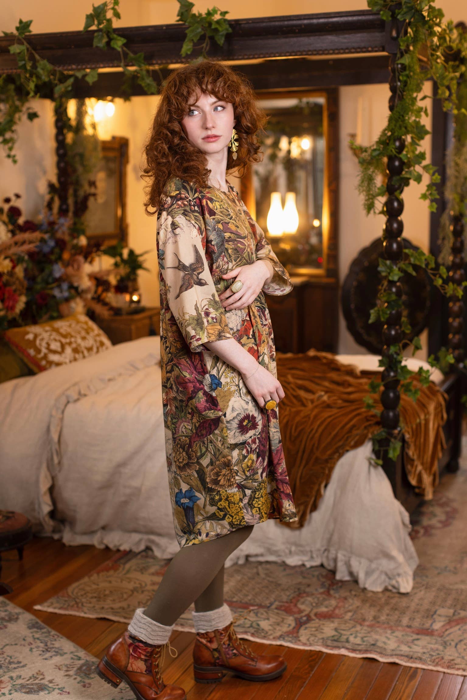 Golden Hour Artist Dress Tunic w/ Pockets & Floral Print: S/M (fits approx. size 6-10)
