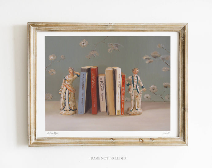 Painting of books between bookends which are an 18th century couple. 