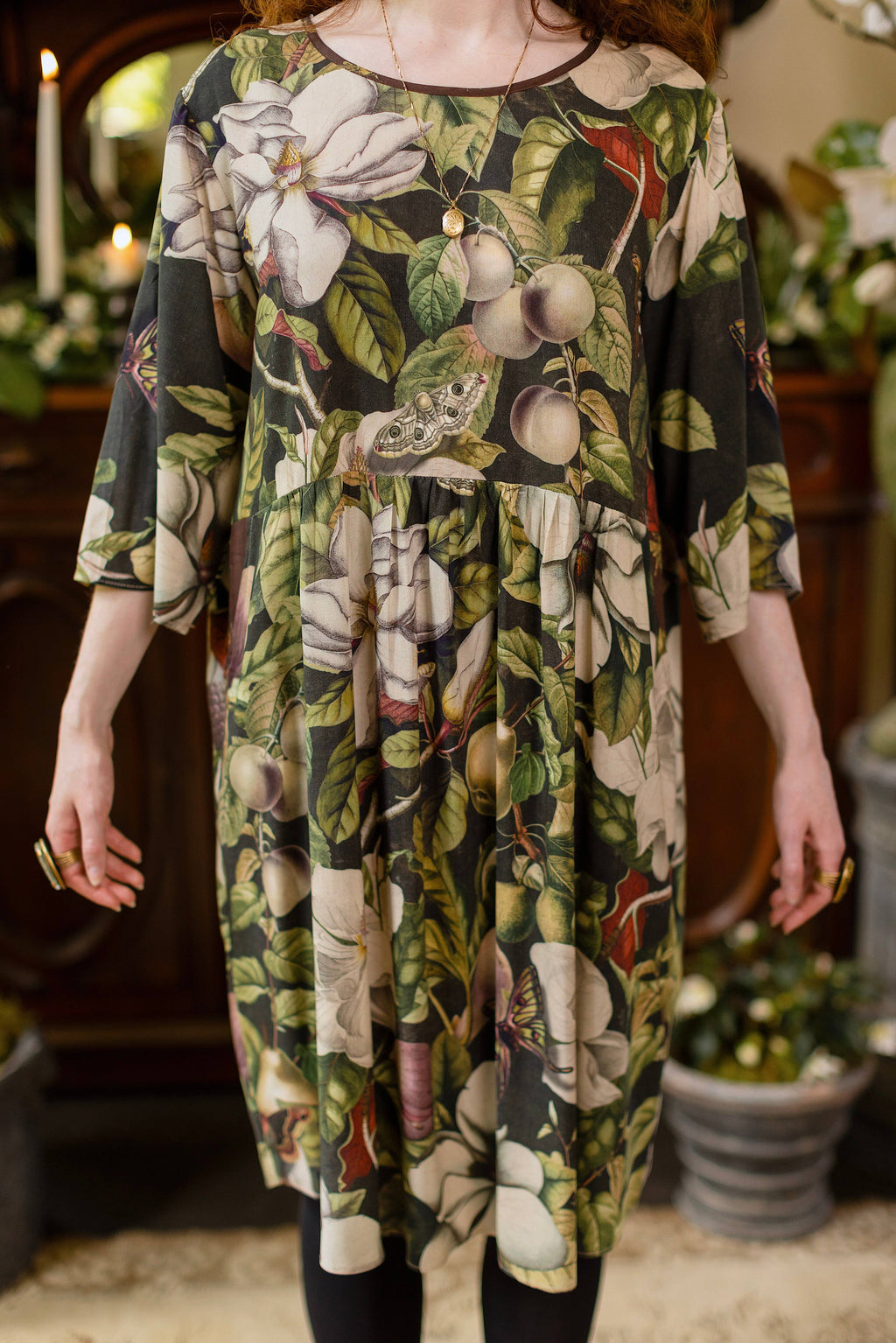 Fleur De Lune Artist Dress Tunic w/ Pockets, Florals & Bees: L/XL (fits approx. size 12-16)