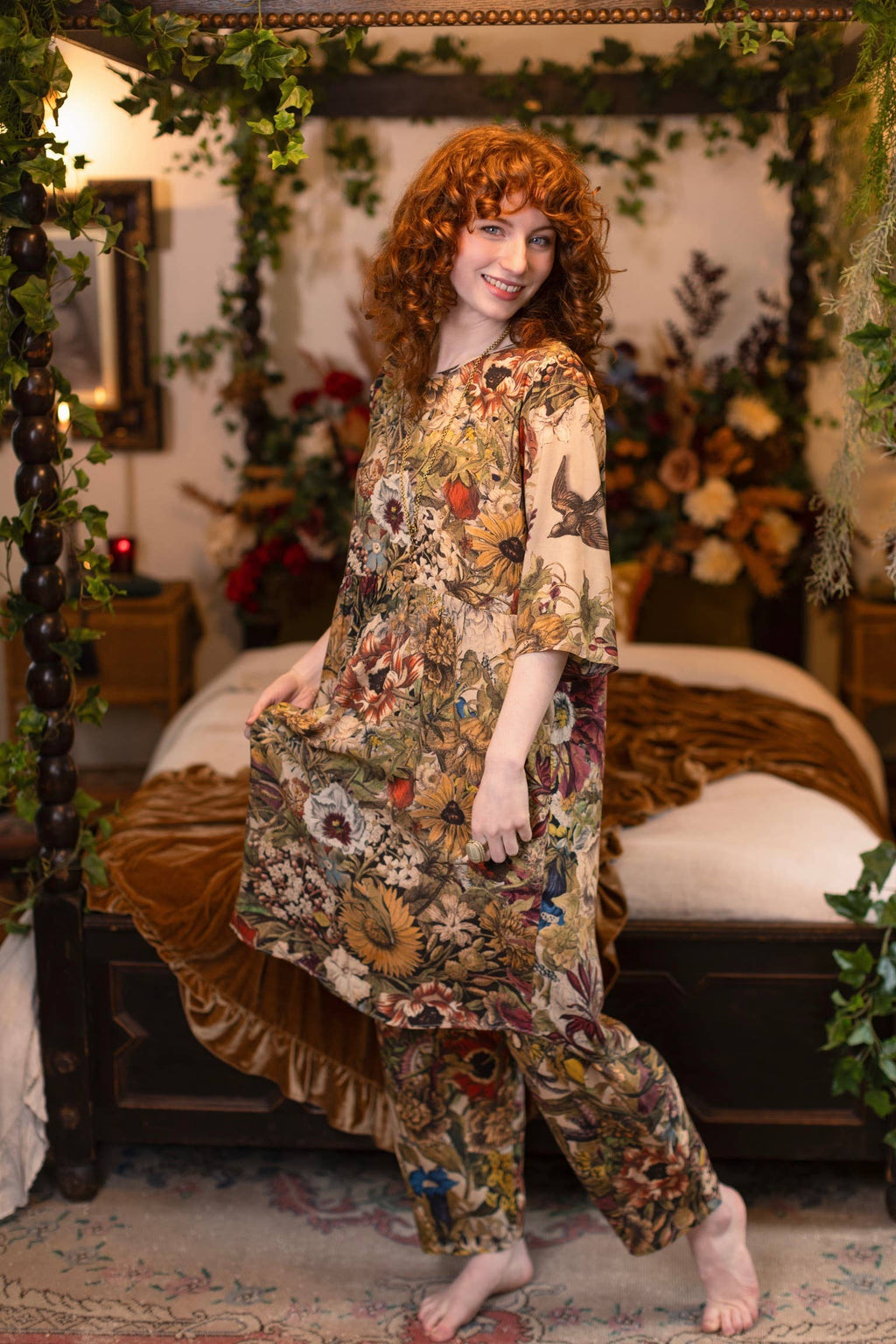 Golden Hour Artist Dress Tunic w/ Pockets & Floral Print: S/M (fits approx. size 6-10)
