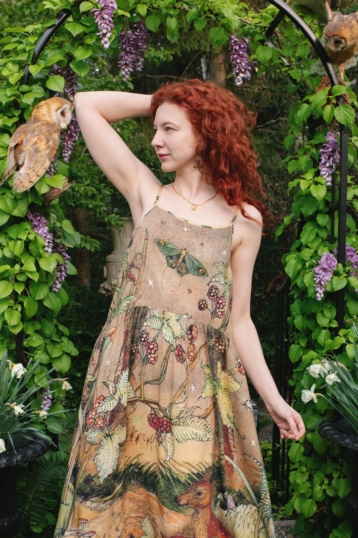 Lovelight Bohéme Slip Dress w/ whimsical woodland deer: L/XL (fits approx. size 12-16)