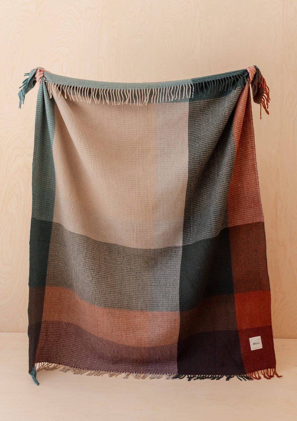Recycled Wool Blanket in Green Waffle Block Check