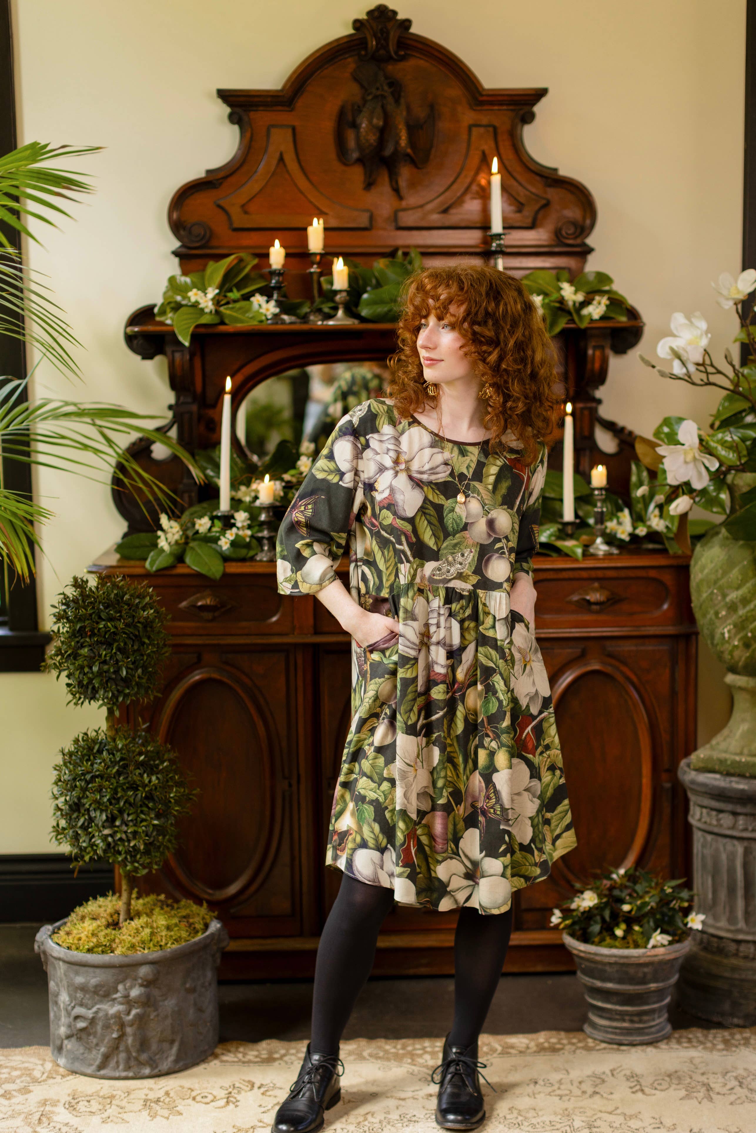 Fleur De Lune Artist Dress Tunic w/ Pockets, Florals & Bees: L/XL (fits approx. size 12-16)