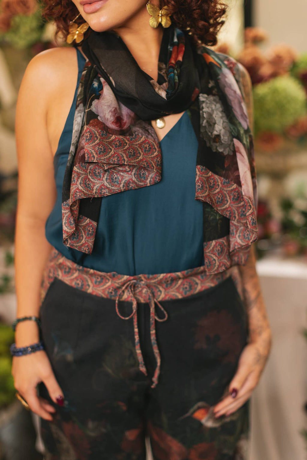 Flight of Fancy Floral Scarf with Hummingbirds