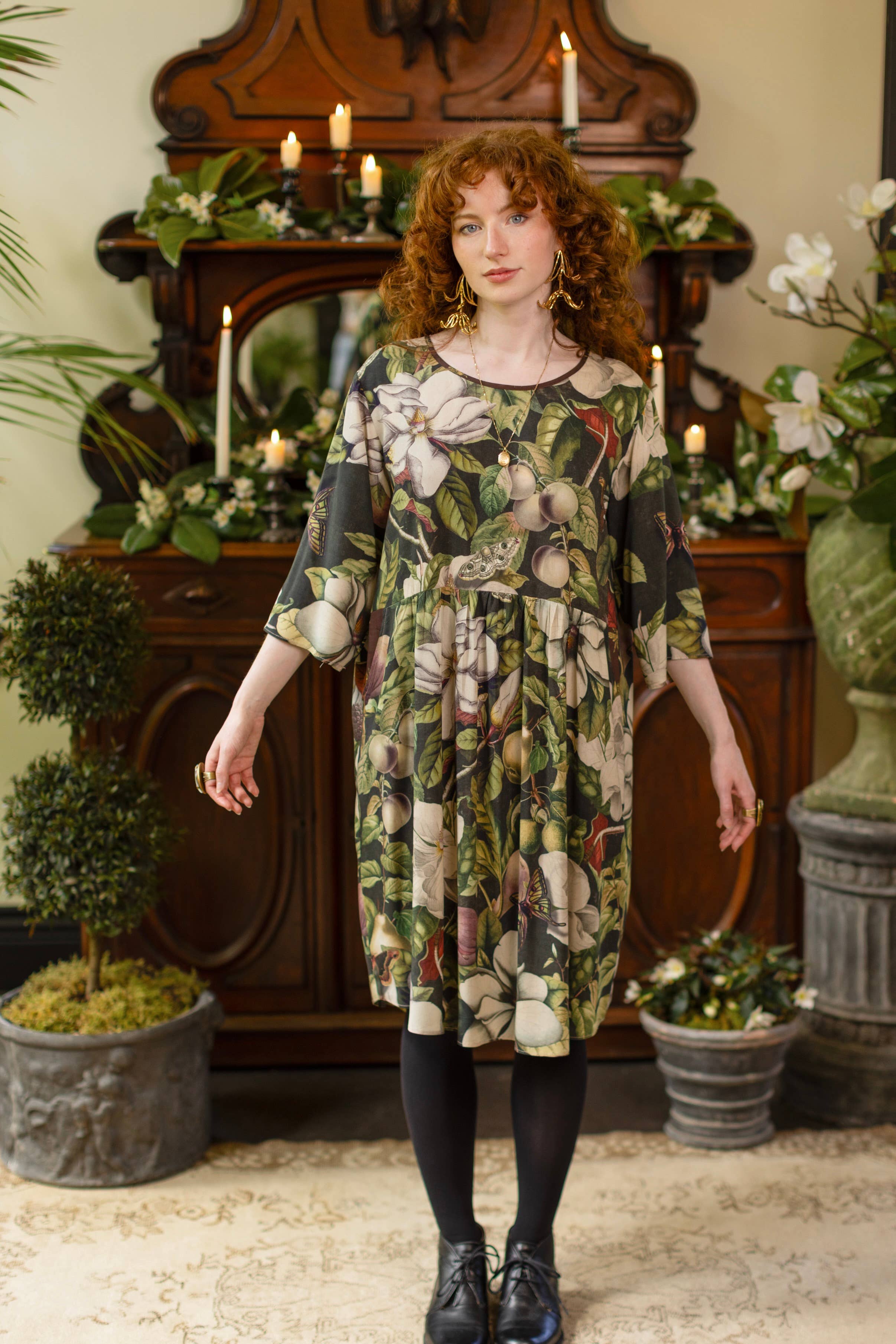 Fleur De Lune Artist Dress Tunic w/ Pockets, Florals & Bees: S/M (fits approx. size 6-10)