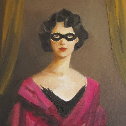Painting of a woman with a black masquerade mask covering her eyes. 