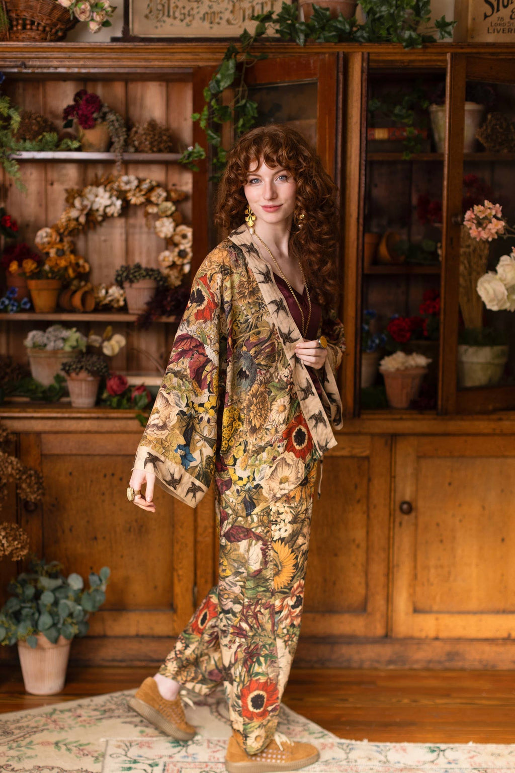 Golden Hour Linen Cropped Artist Pant w/ Floral Print: S/M