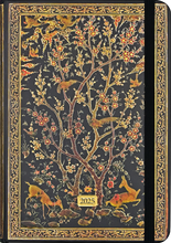 Load image into Gallery viewer, Front  cover of 2025 daily planner. Gold filligree and tree with deer. Elastic is black. 