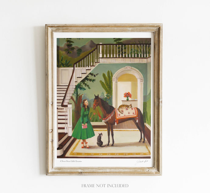 Painting by Janet Hill of a horse in a house.  A cat sits below and a girl in a green dress looks at the horse. 