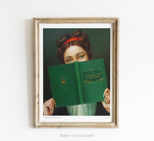 A woman holding a book called A Victorian's Guide to Time Travel. She is wearing Nail Polish. 