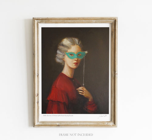 Painting of a woman with a masquerade mask covering her eyes. 